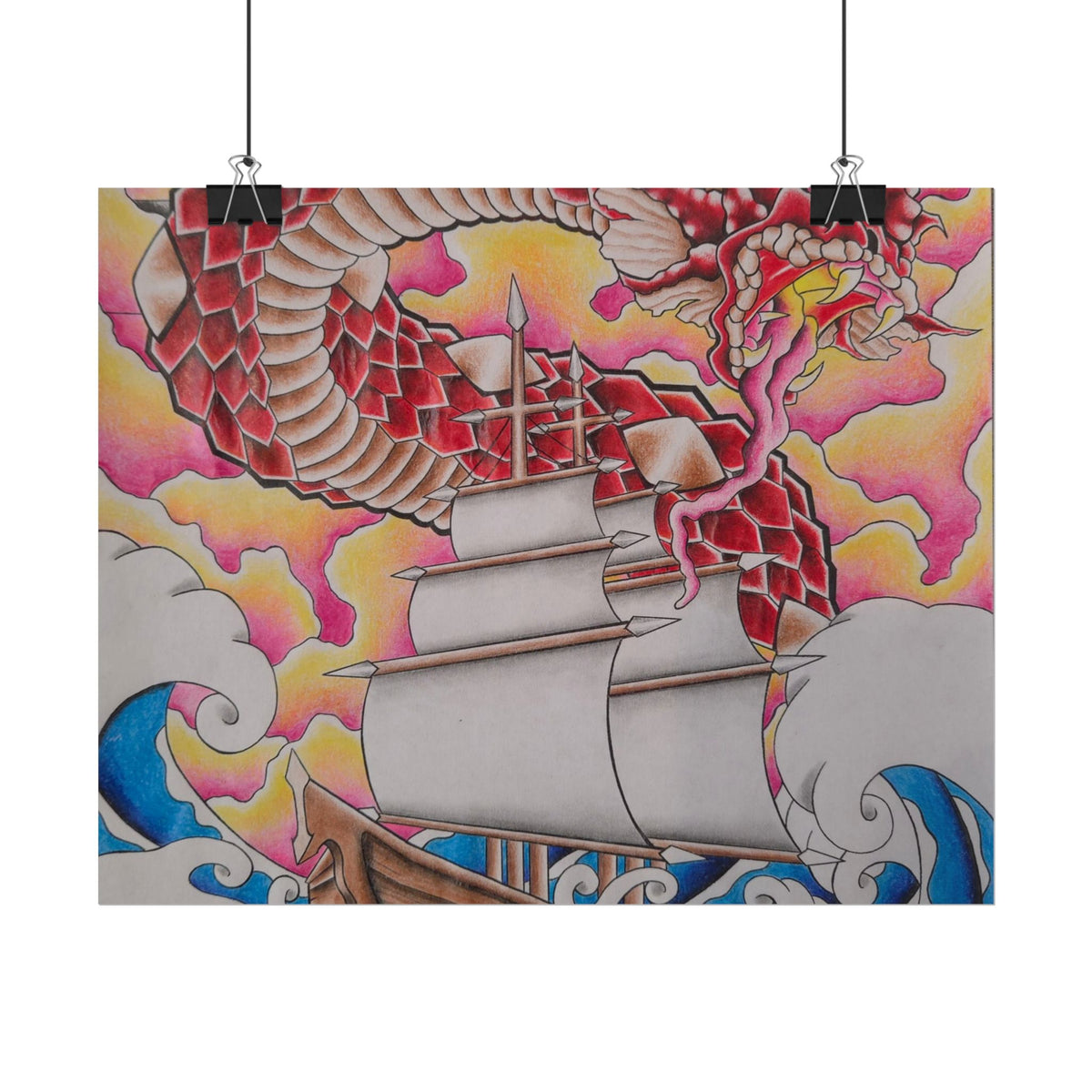 Sail and Dragon Art Poster — Nautical Tattoo-Style Rolled Print