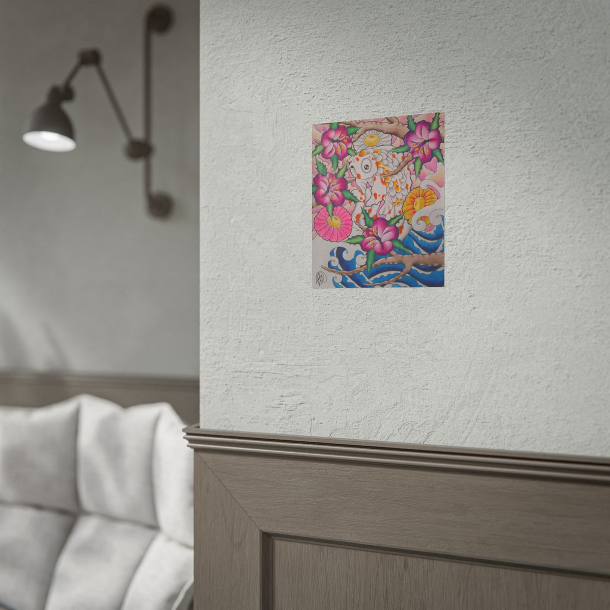 Koi & Cherry Blossom Art Poster — Japanese Tattoo Style Rolled Print