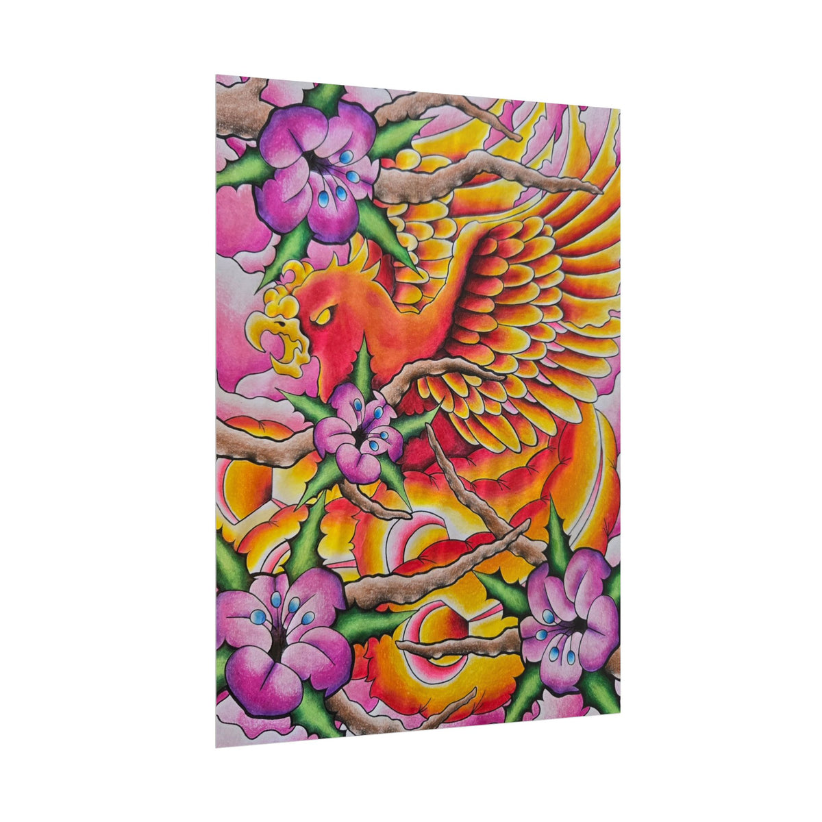 Phoenix Floral Art Poster — Vibrant Tattoo-Style Rolled Print