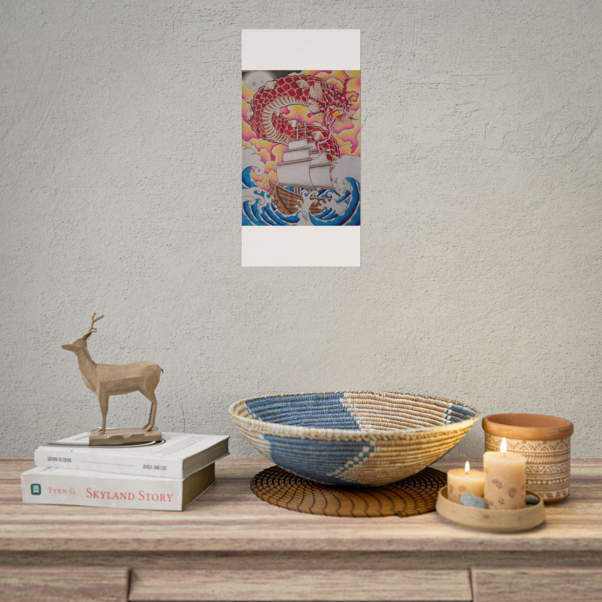 Sail and Dragon Art Poster — Nautical Tattoo-Style Rolled Print