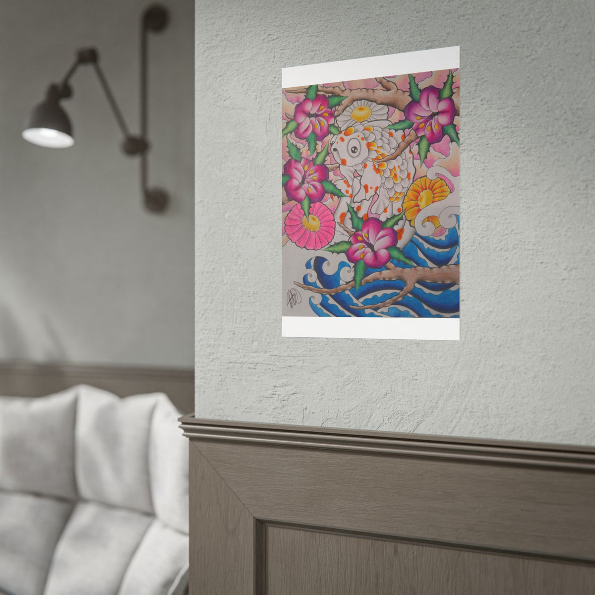 Koi & Cherry Blossom Art Poster — Japanese Tattoo Style Rolled Print