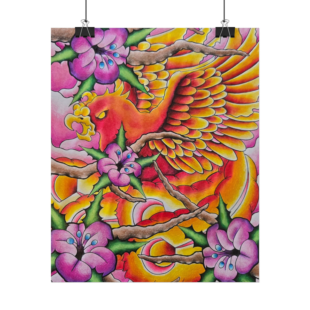 Phoenix Floral Art Poster — Vibrant Tattoo-Style Rolled Print