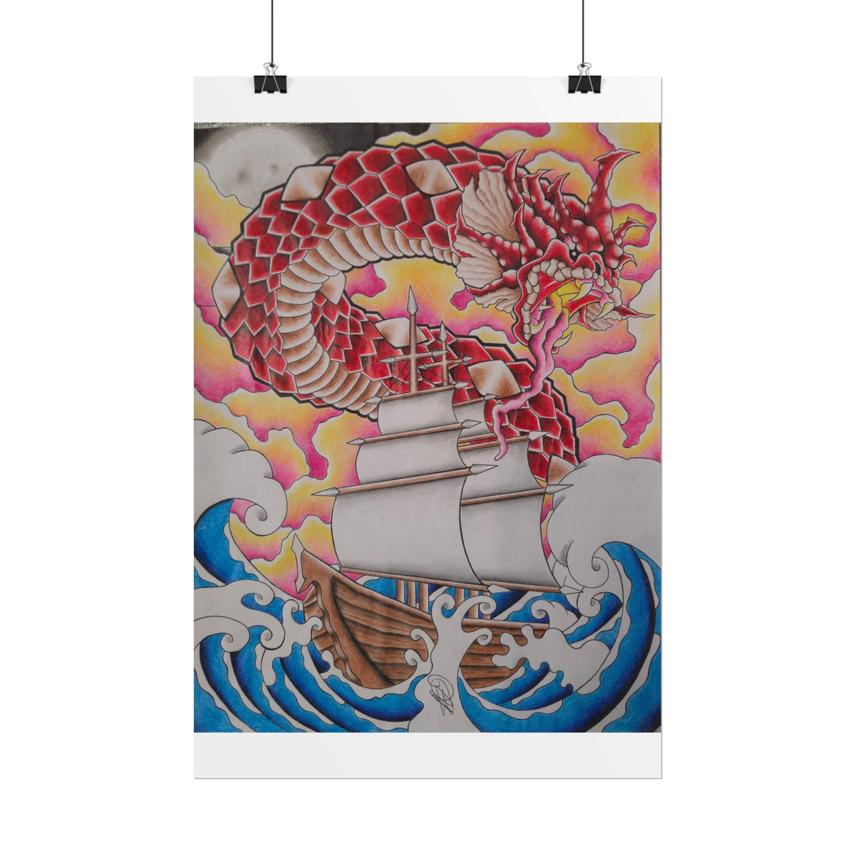 Sail and Dragon Art Poster — Nautical Tattoo-Style Rolled Print