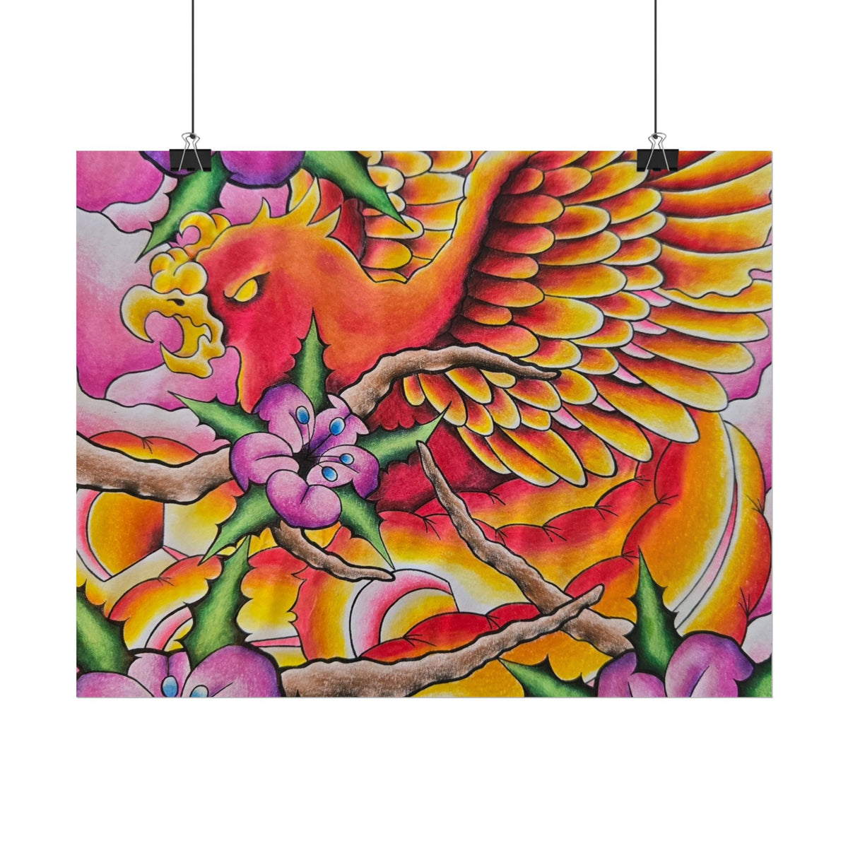 Phoenix Floral Art Poster — Vibrant Tattoo-Style Rolled Print