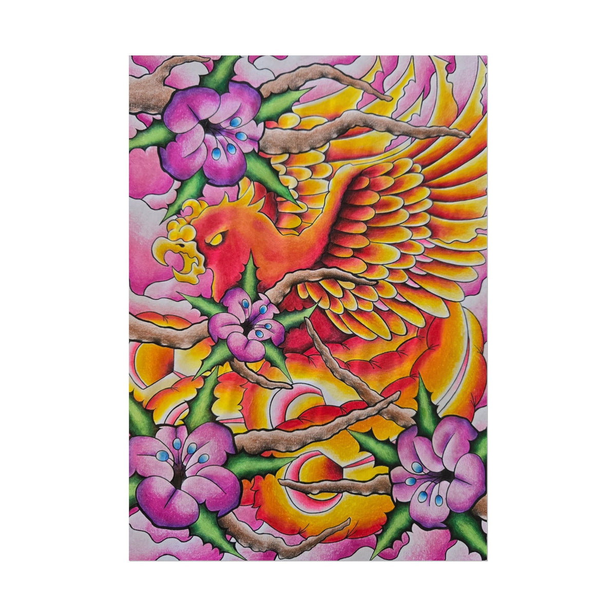 Phoenix Floral Art Poster — Vibrant Tattoo-Style Rolled Print