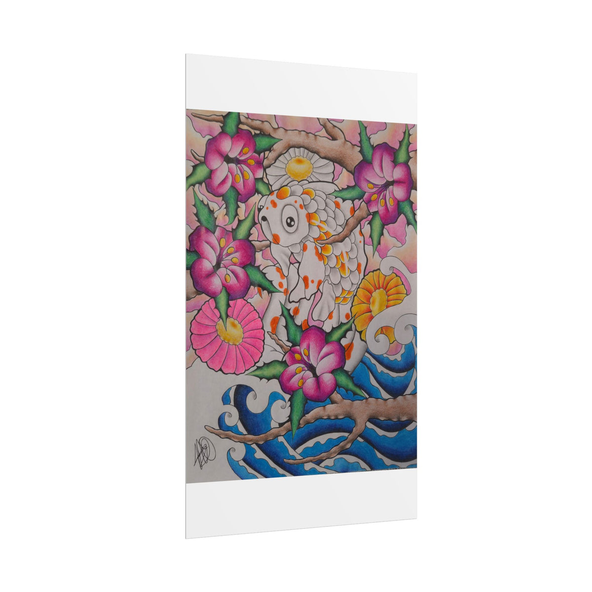 Koi & Cherry Blossom Art Poster — Japanese Tattoo Style Rolled Print