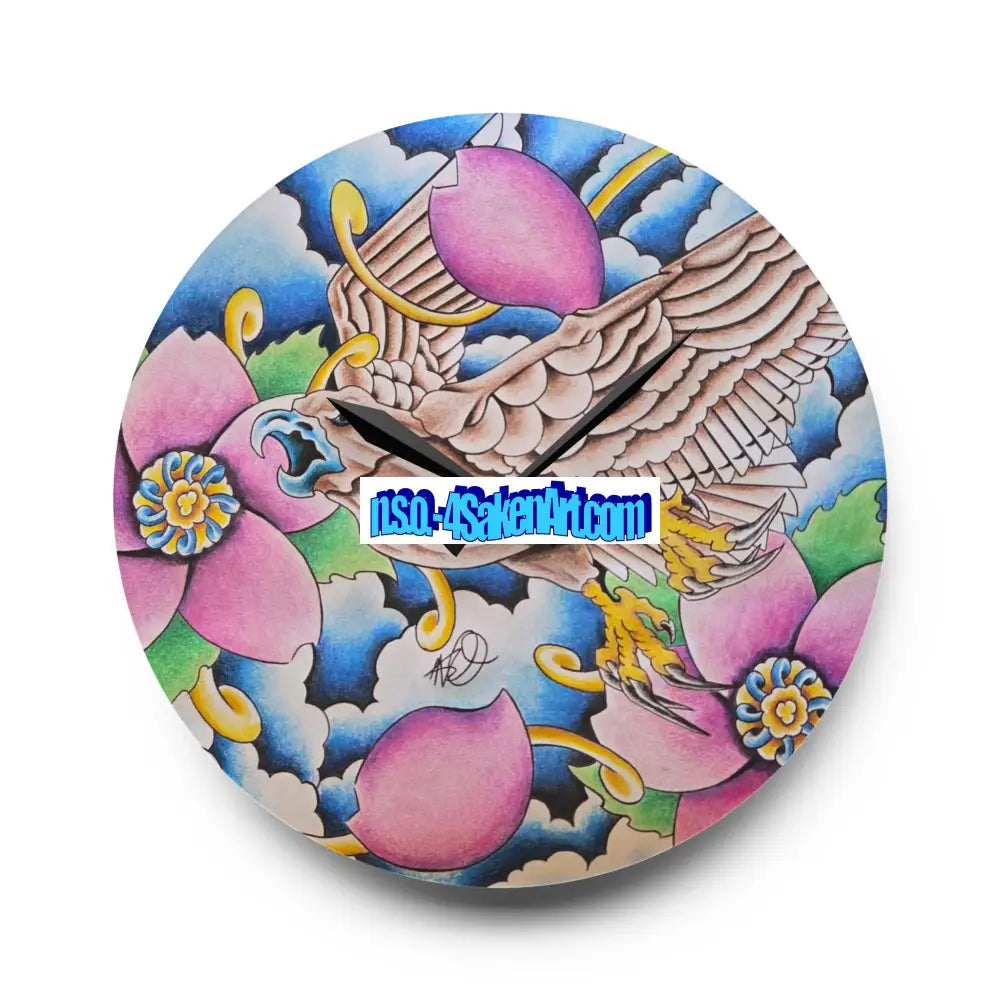 Acrylic Wall Clock — Vibrant Floral & Hawk Art Decorative Clock 10.75’’ × 10.75’’ (Round) Home Decor