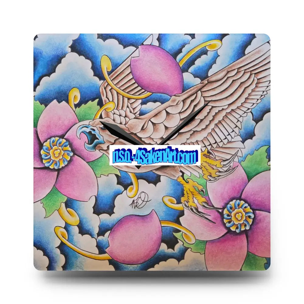 Acrylic Wall Clock — Vibrant Floral & Hawk Art Decorative Clock 10.75’’ × 10.75’’ (Square) Home Decor