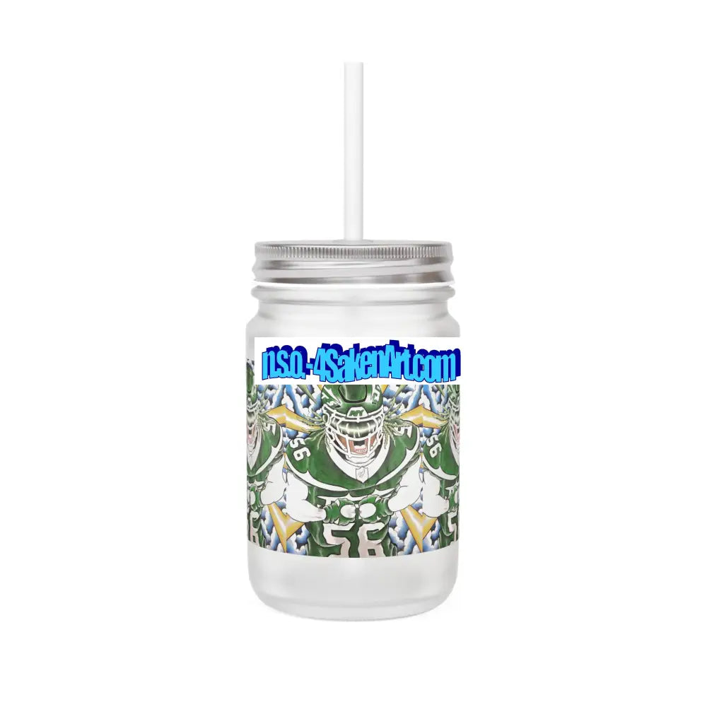 Football Player Mason Jar Tumbler — Frosted Mason Jar with Straw (Team Spirit Game Day Drinkware) 12oz / Transparent