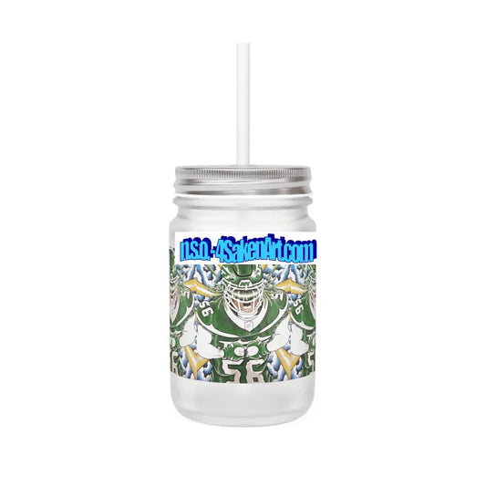 Football Player Mason Jar Tumbler — Frosted Mason Jar with Straw (Team Spirit Game Day Drinkware) 12oz / Transparent
